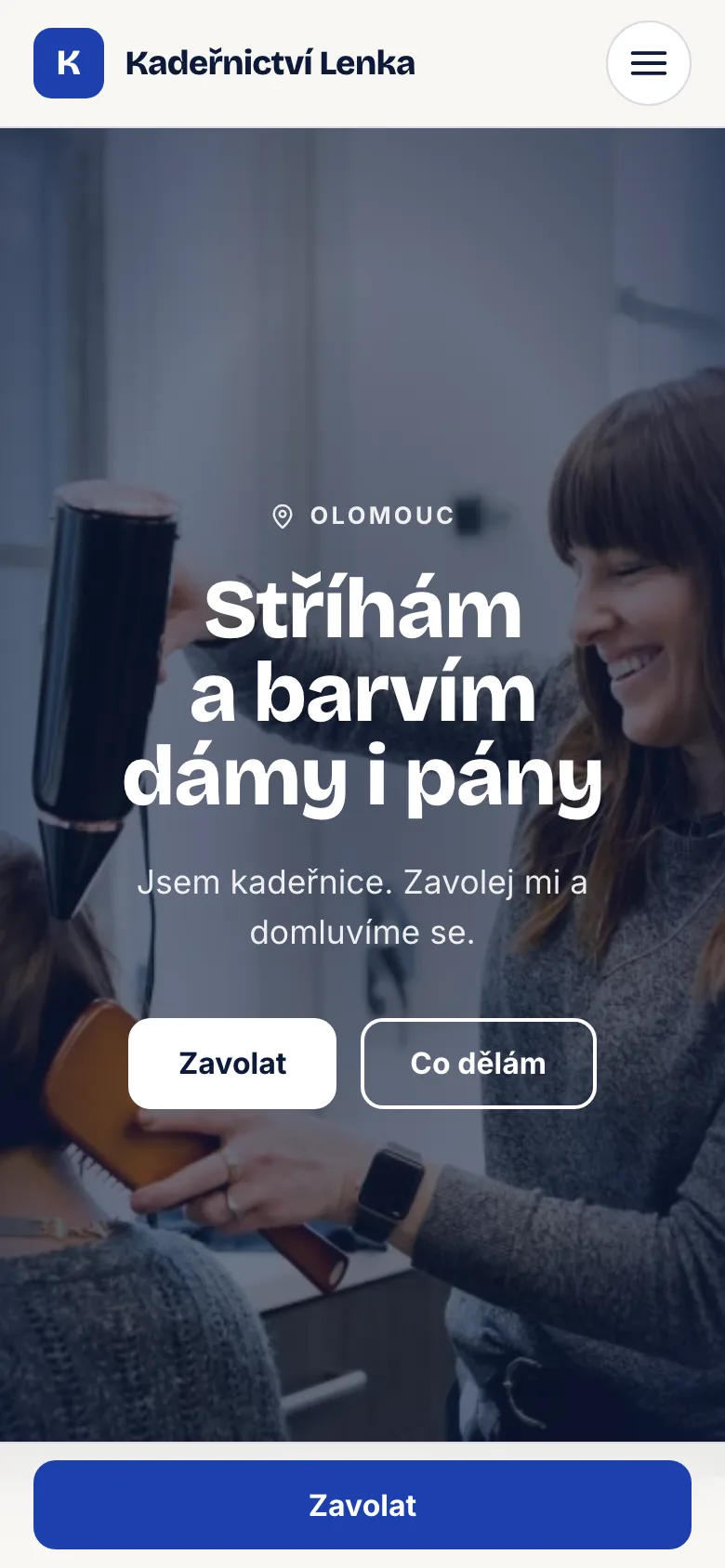Example on a phone: the website of Kadeřnictví Lenka, Olomouc