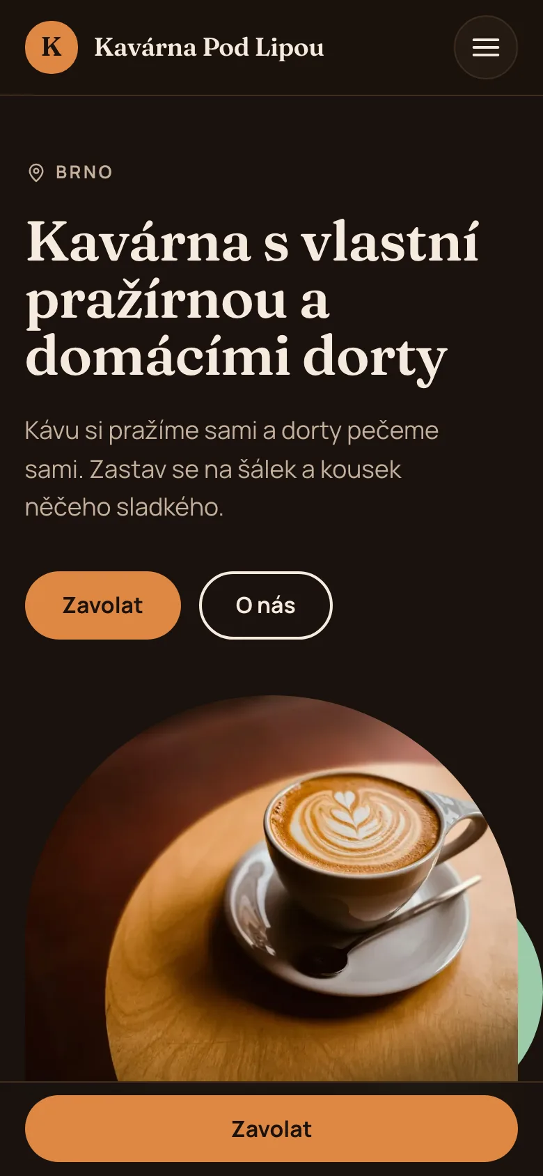 Example on a phone: the website of Kavárna Pod Lipou, Brno