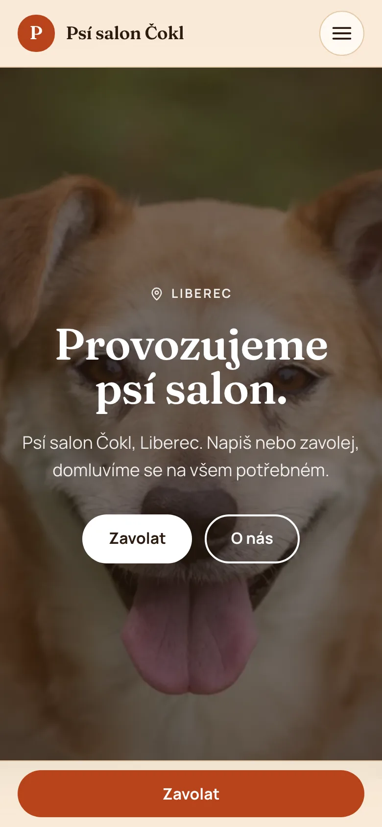 Example on a phone: the website of Psí salon Čokl, Liberec